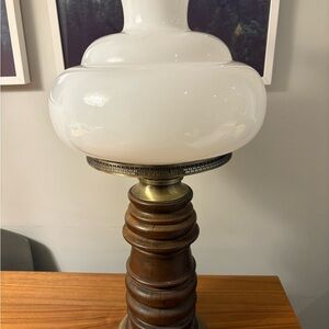 MCM Vintage White Milk Glass Hurricane Table Lamp with Wooden Base